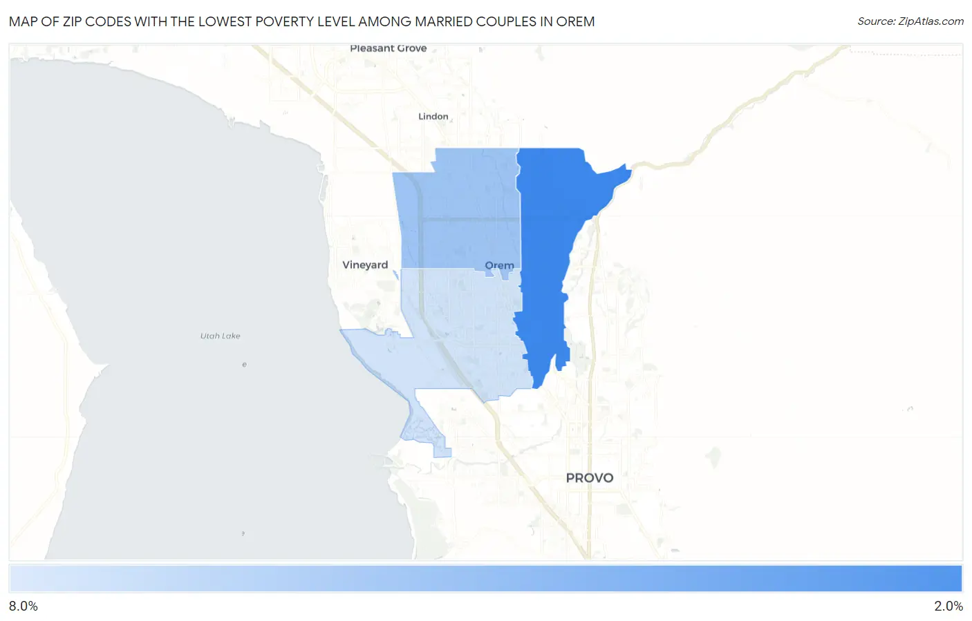 Zip Codes with the Lowest Poverty Level Among Married Couples in Orem Map