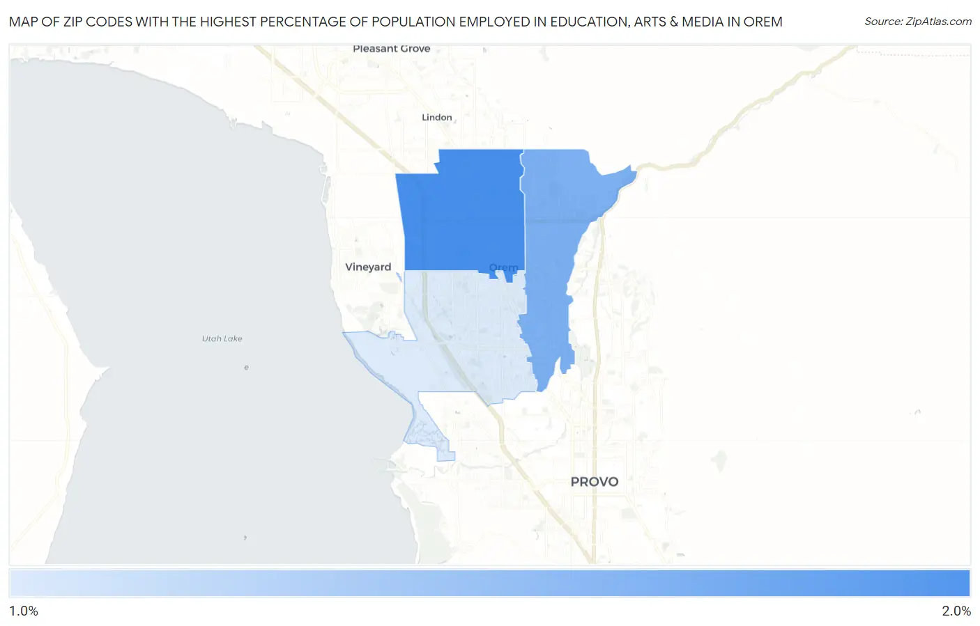 Zip Codes with the Highest Percentage of Population Employed in Education, Arts & Media in Orem Map