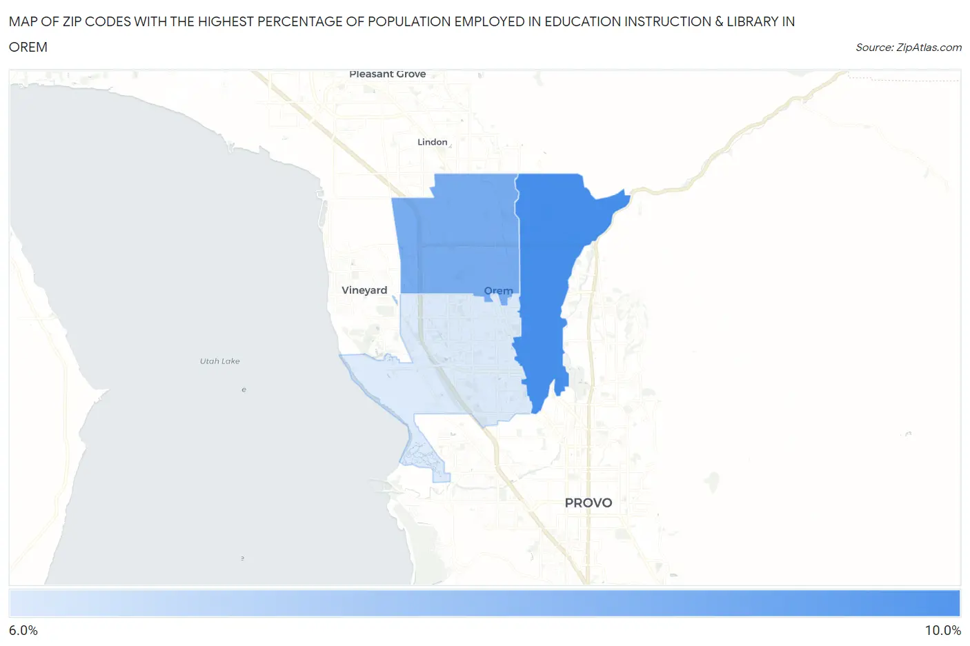 Zip Codes with the Highest Percentage of Population Employed in Education Instruction & Library in Orem Map