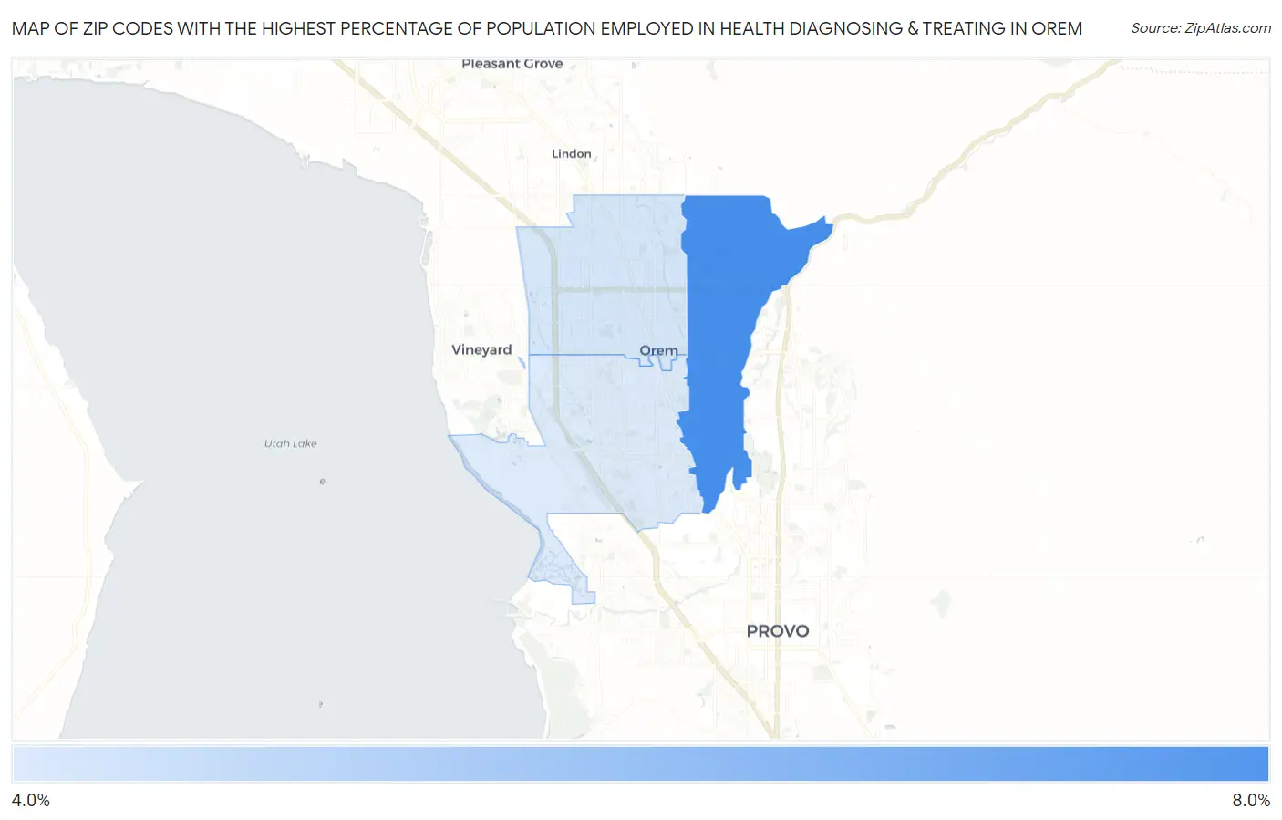 Zip Codes with the Highest Percentage of Population Employed in Health Diagnosing & Treating in Orem Map