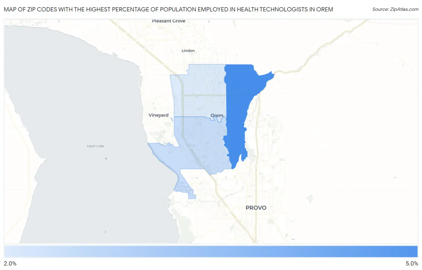 Zip Codes with the Highest Percentage of Population Employed in Health Technologists in Orem Map