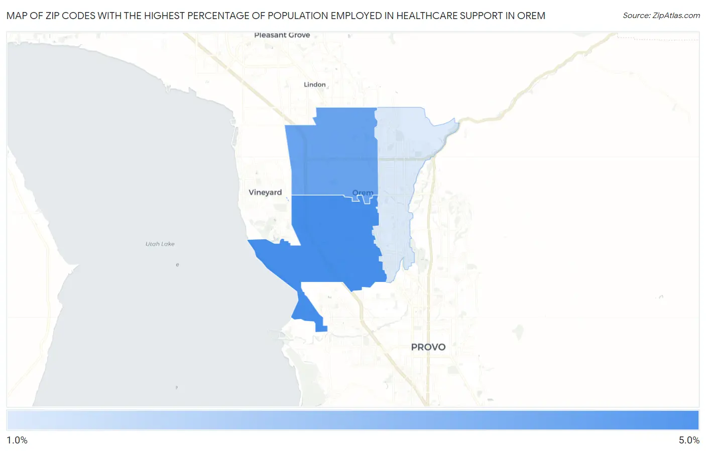 Zip Codes with the Highest Percentage of Population Employed in Healthcare Support in Orem Map