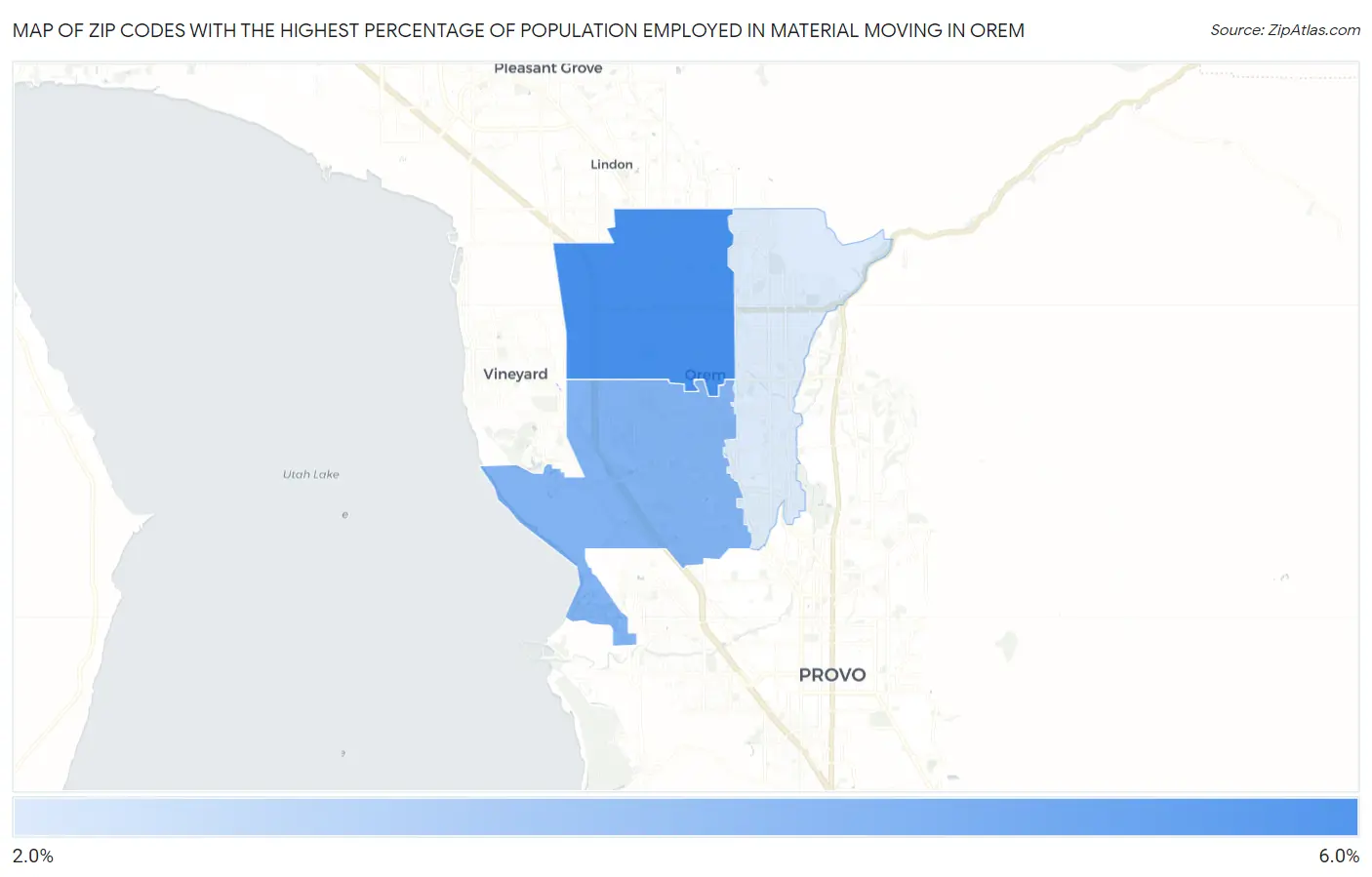 Zip Codes with the Highest Percentage of Population Employed in Material Moving in Orem Map