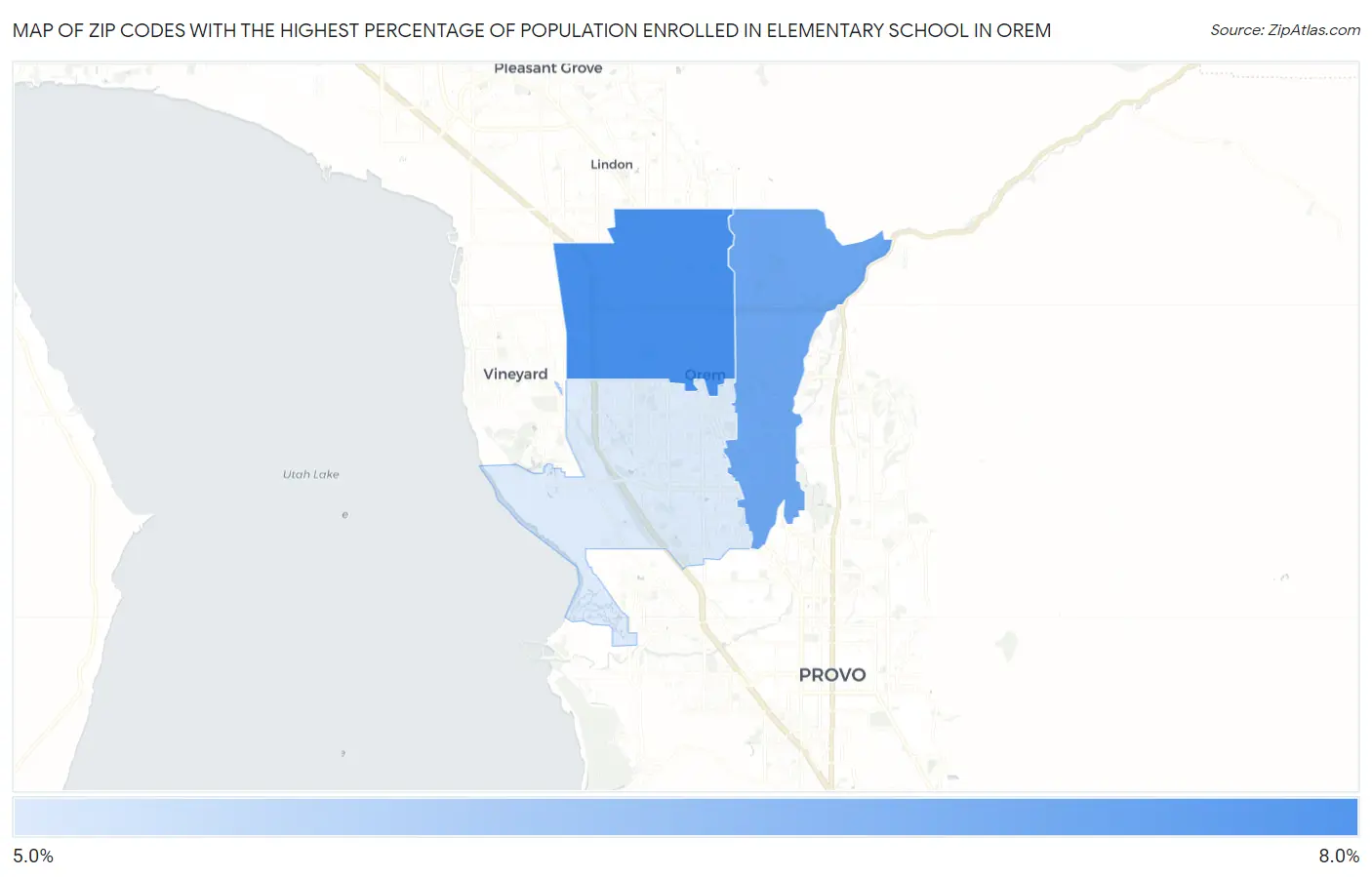 Zip Codes with the Highest Percentage of Population Enrolled in Elementary School in Orem Map