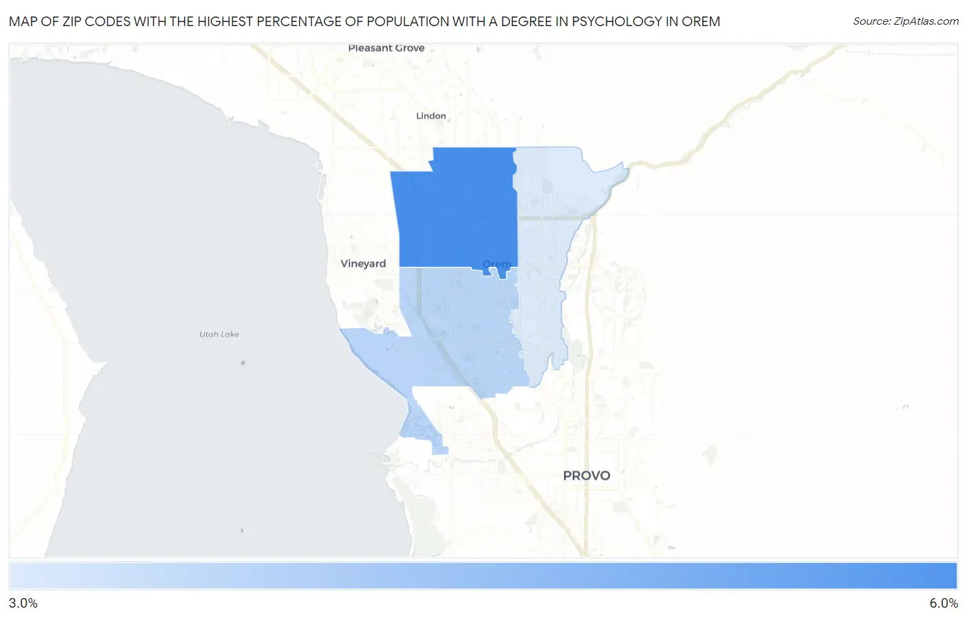 Zip Codes with the Highest Percentage of Population with a Degree in Psychology in Orem Map