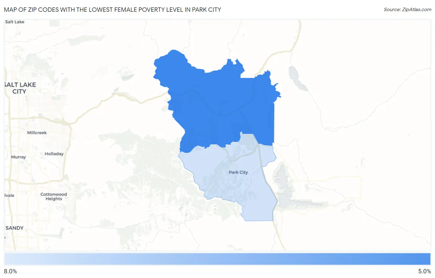 Zip Codes with the Lowest Female Poverty Level in Park City Map
