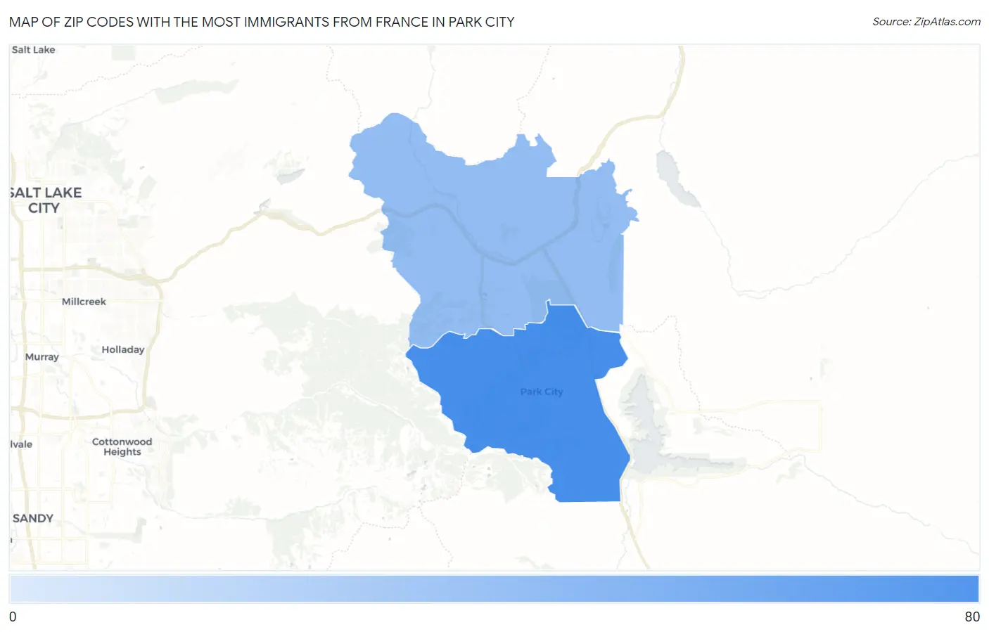 Zip Codes with the Most Immigrants from France in Park City Map