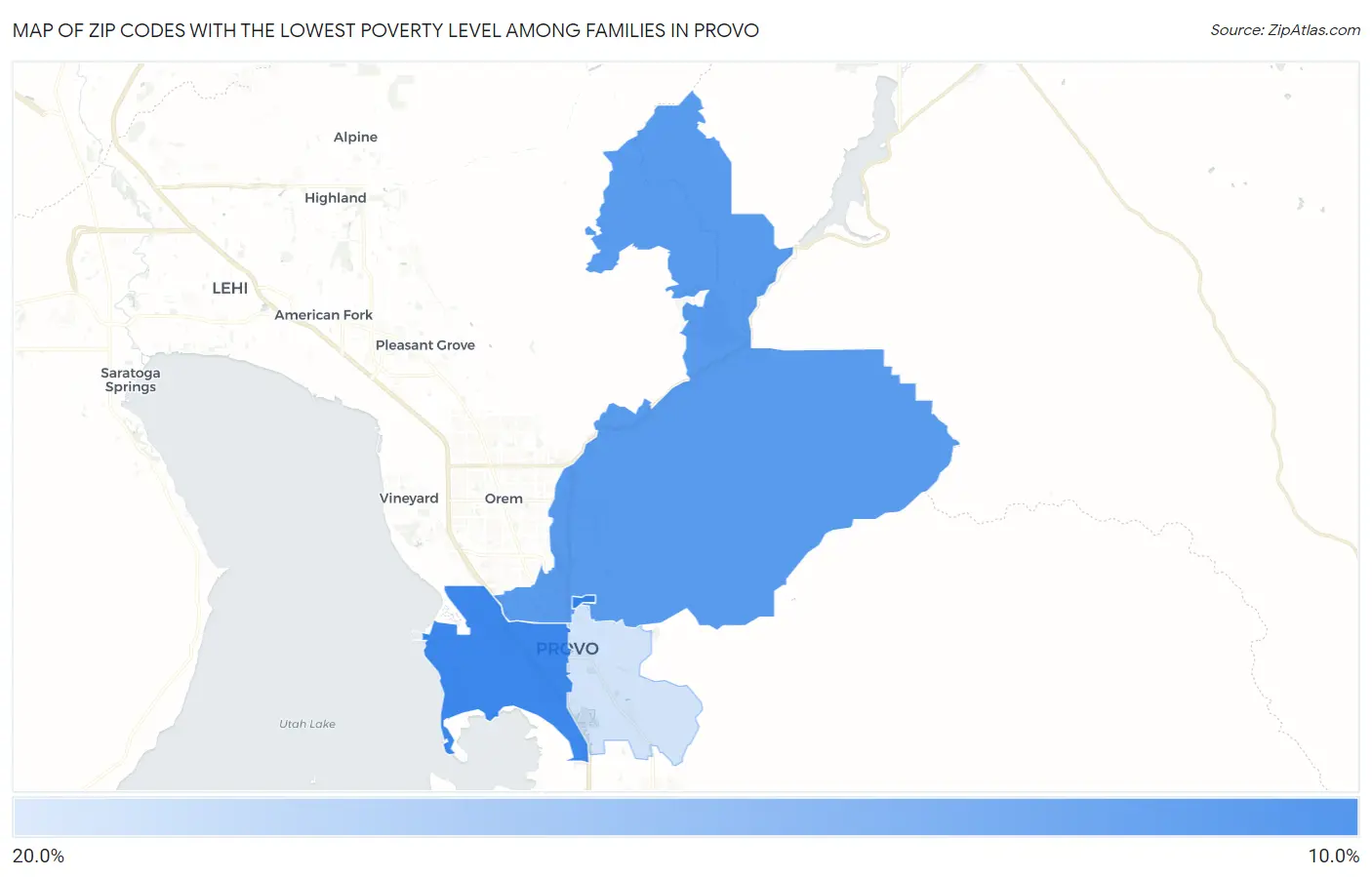 Zip Codes with the Lowest Poverty Level Among Families in Provo Map