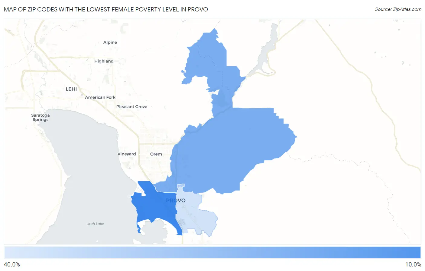 Zip Codes with the Lowest Female Poverty Level in Provo Map