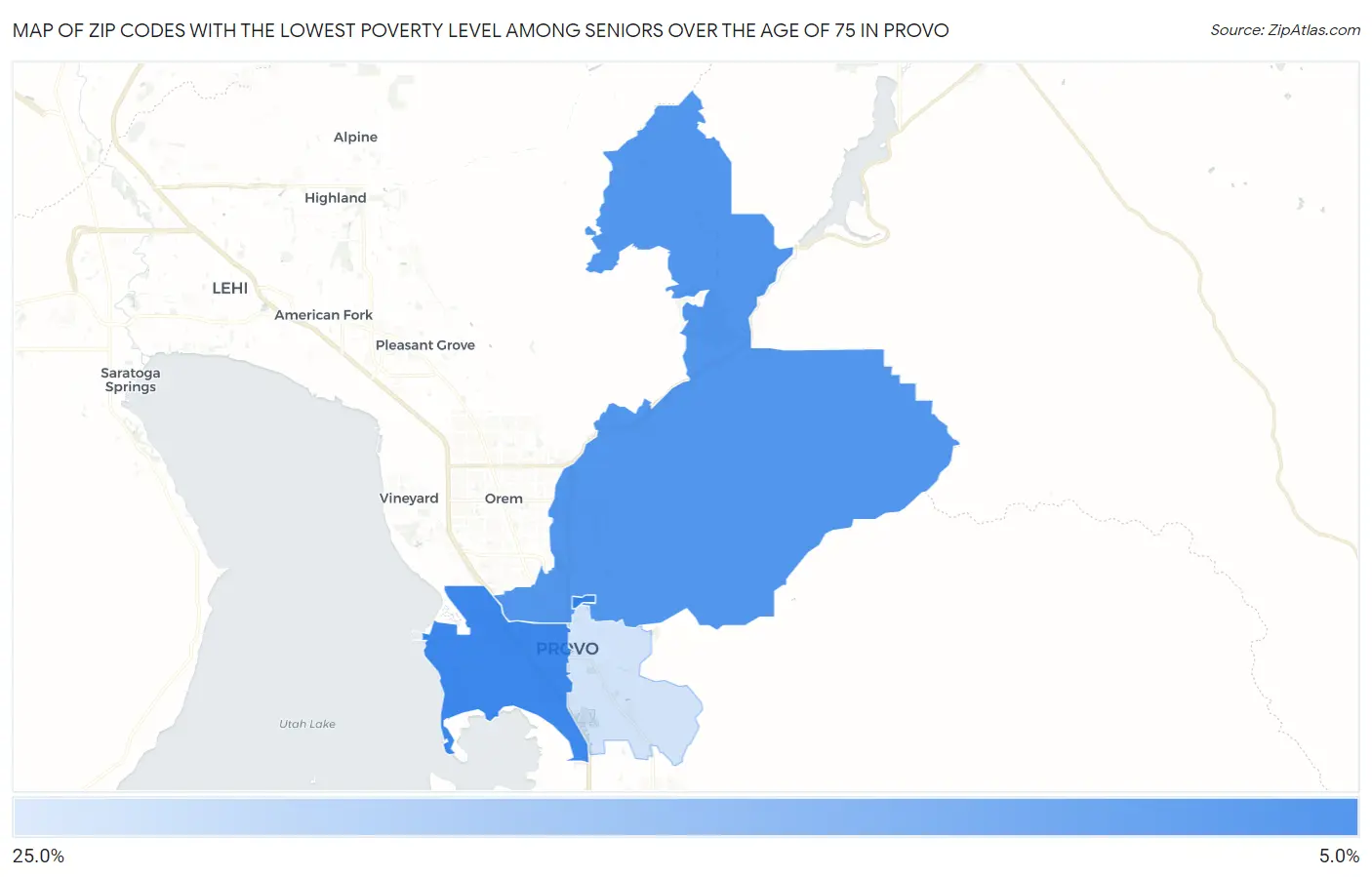Zip Codes with the Lowest Poverty Level Among Seniors Over the Age of 75 in Provo Map