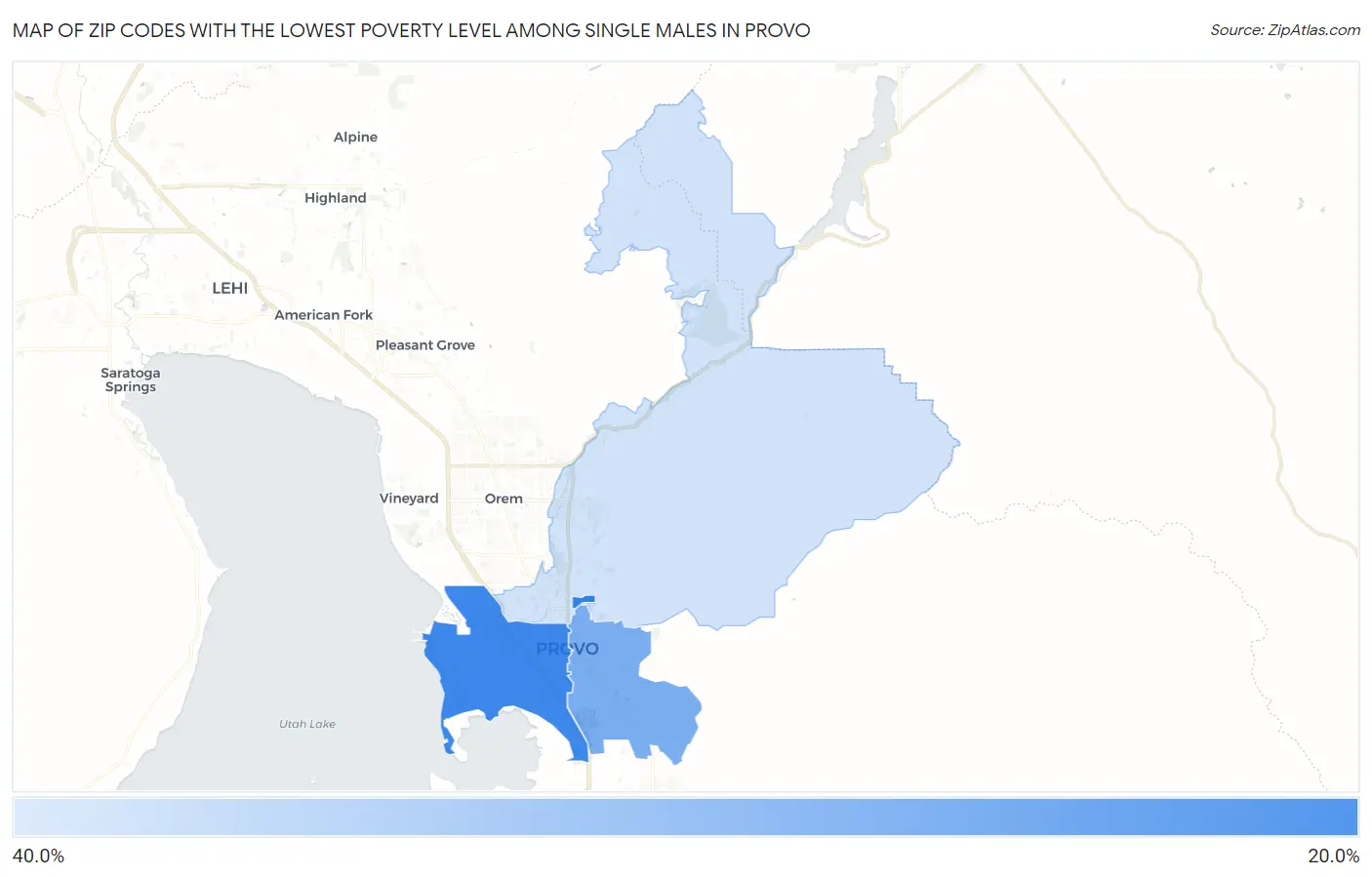 Zip Codes with the Lowest Poverty Level Among Single Males in Provo Map