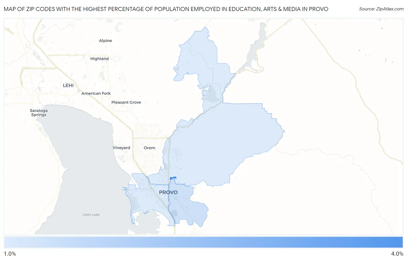Zip Codes with the Highest Percentage of Population Employed in Education, Arts & Media in Provo Map