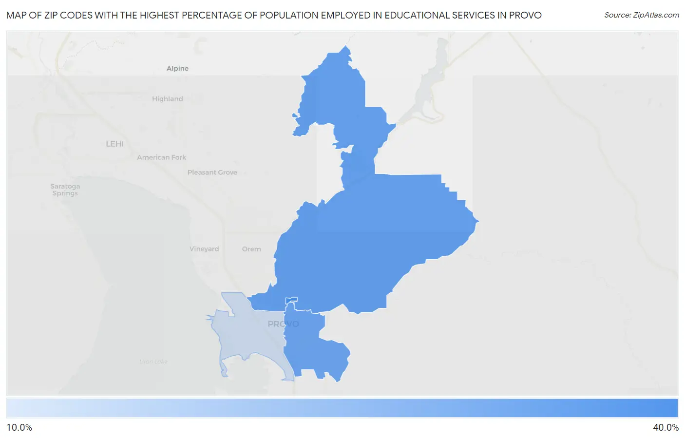 Zip Codes with the Highest Percentage of Population Employed in Educational Services in Provo Map