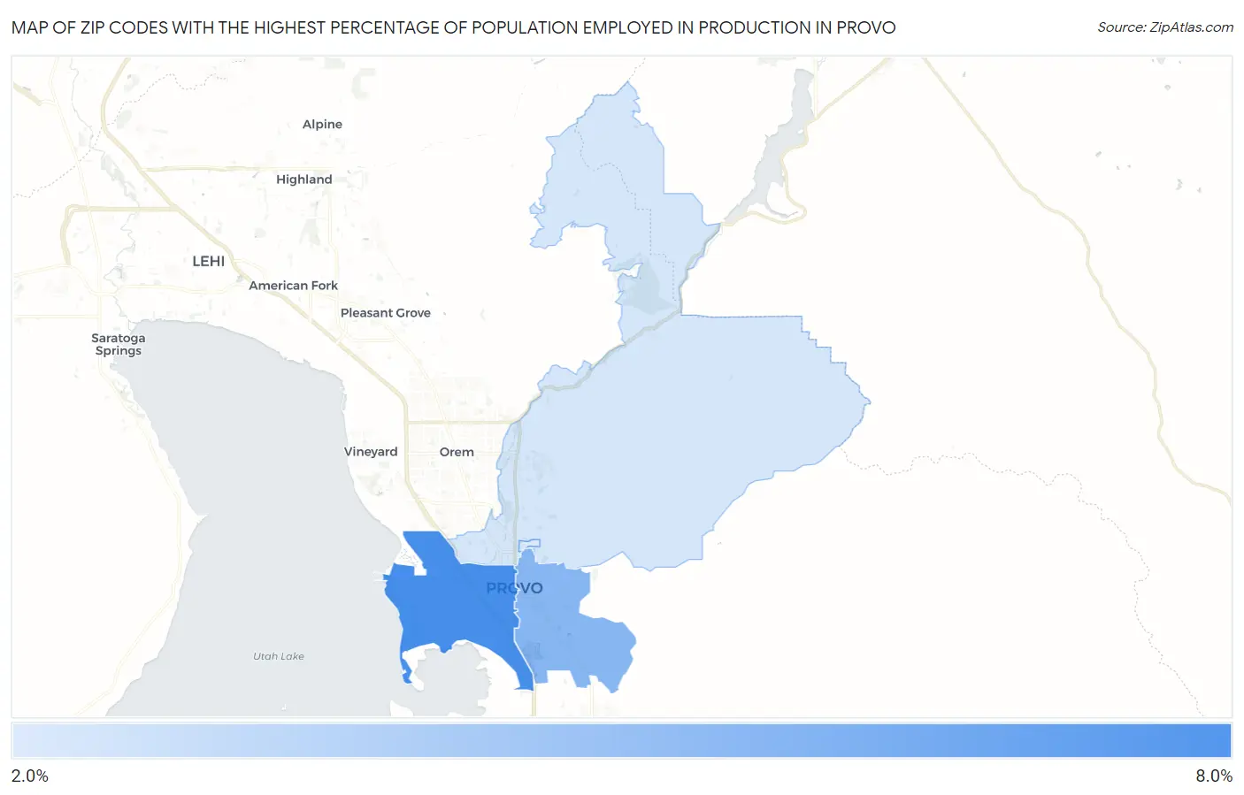 Zip Codes with the Highest Percentage of Population Employed in Production in Provo Map