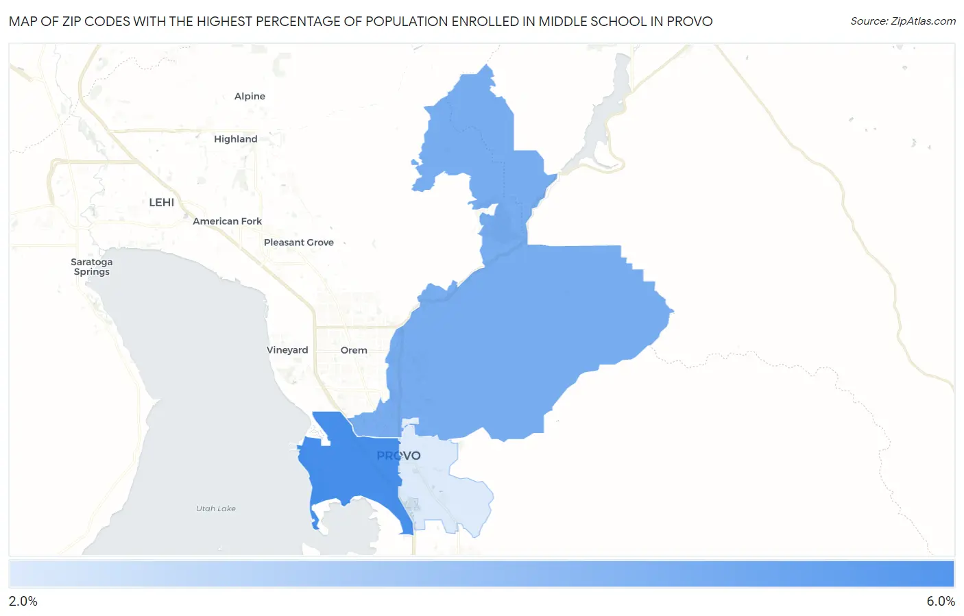 Zip Codes with the Highest Percentage of Population Enrolled in Middle School in Provo Map
