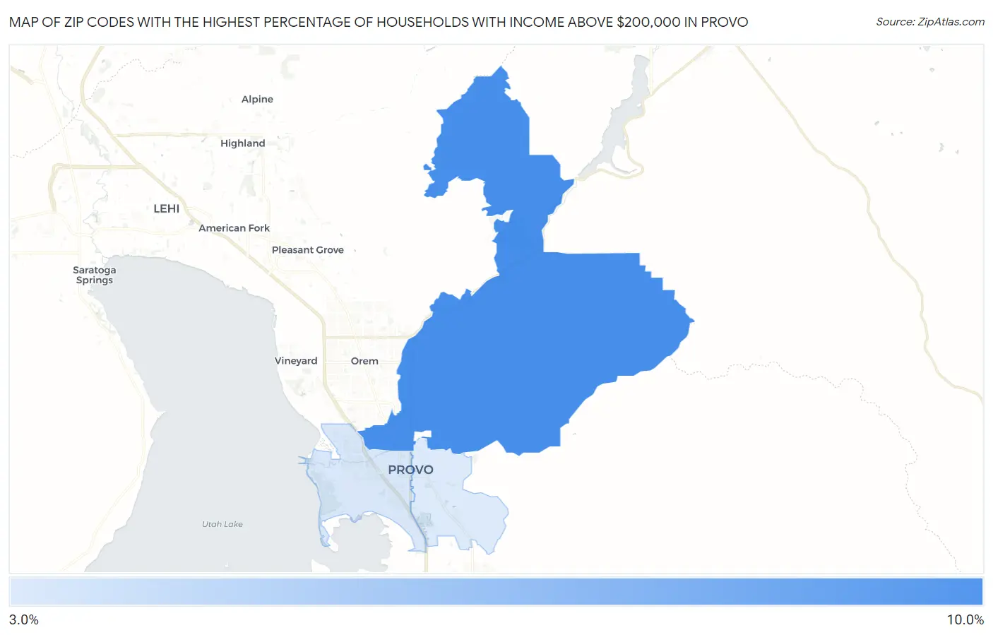 Zip Codes with the Highest Percentage of Households with Income Above $200,000 in Provo Map