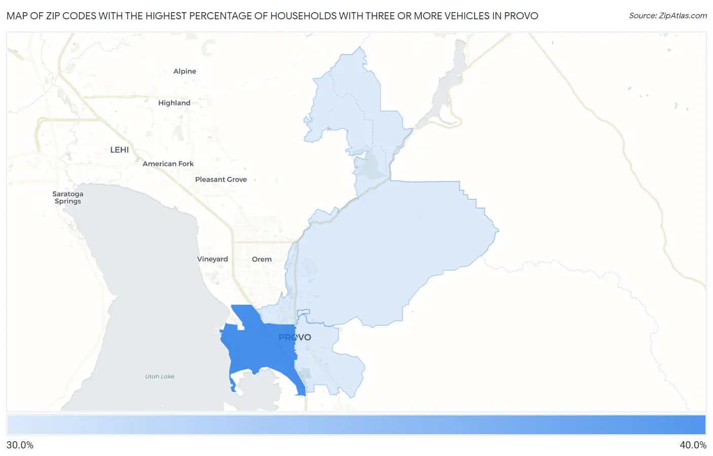 Zip Codes with the Highest Percentage of Households With Three or more Vehicles in Provo Map
