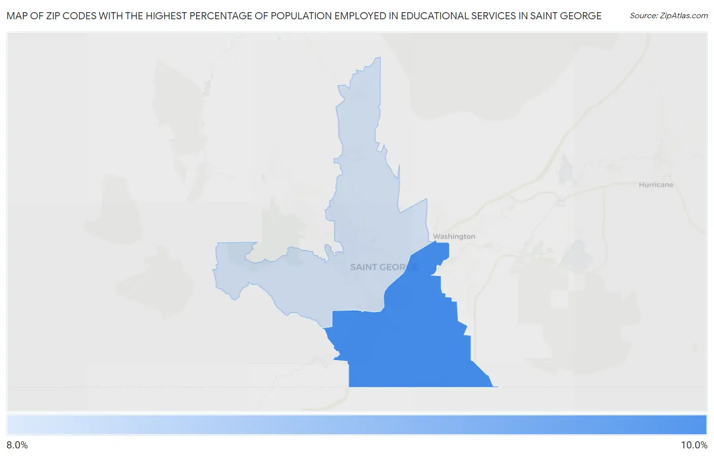 Zip Codes with the Highest Percentage of Population Employed in Educational Services in Saint George Map
