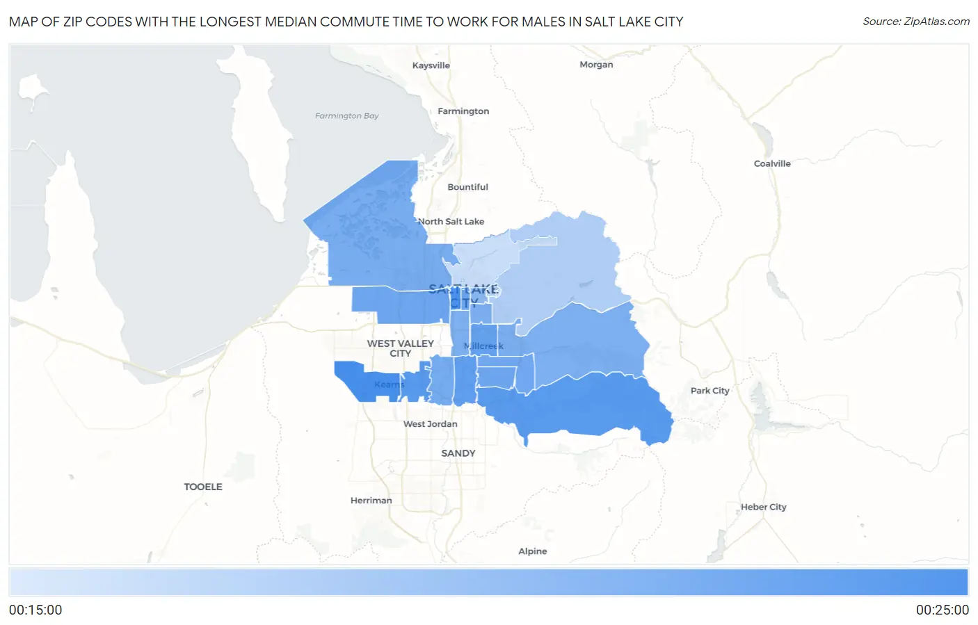 Zip Codes with the Longest Median Commute Time to Work for Males in Salt Lake City Map