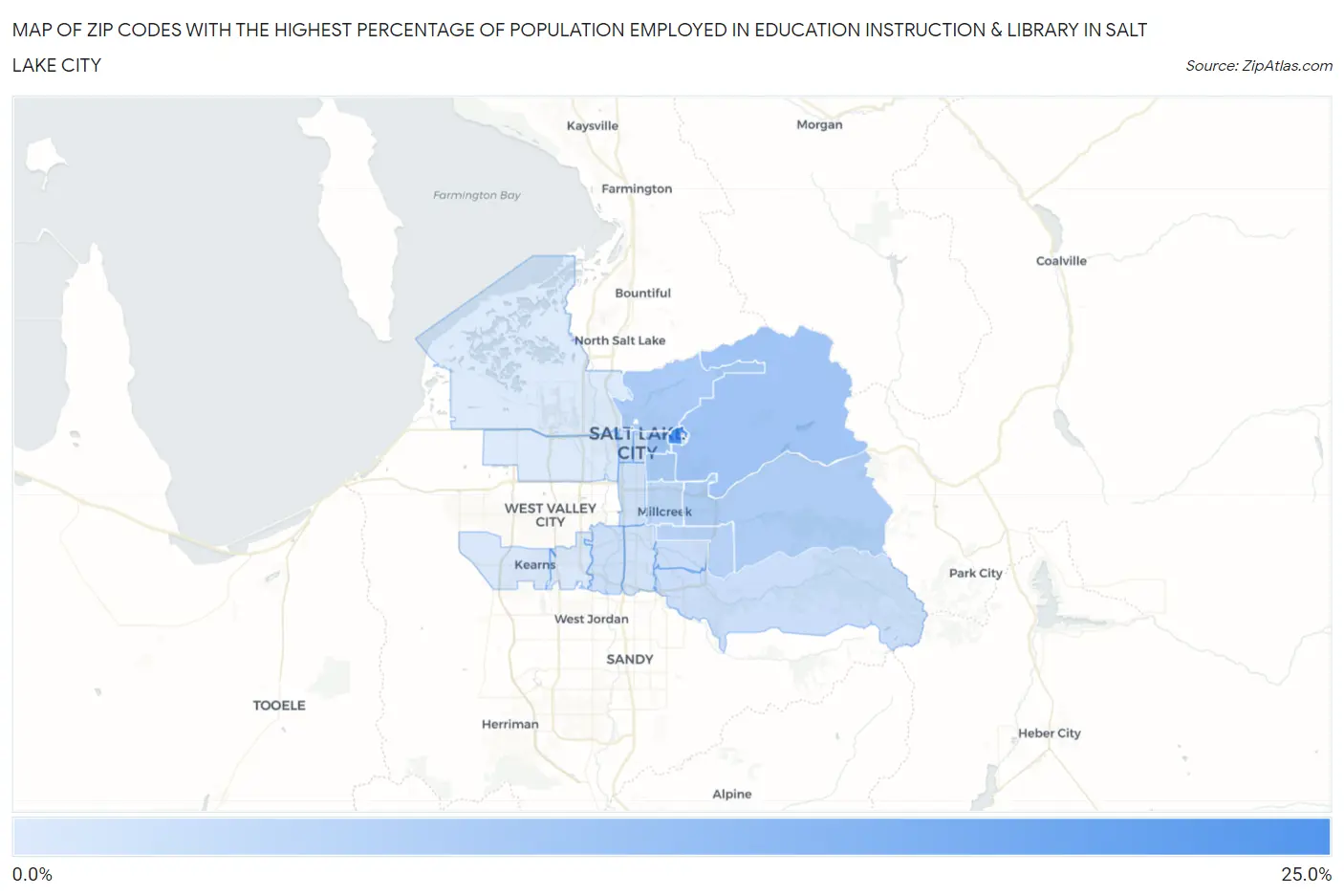 Zip Codes with the Highest Percentage of Population Employed in Education Instruction & Library in Salt Lake City Map