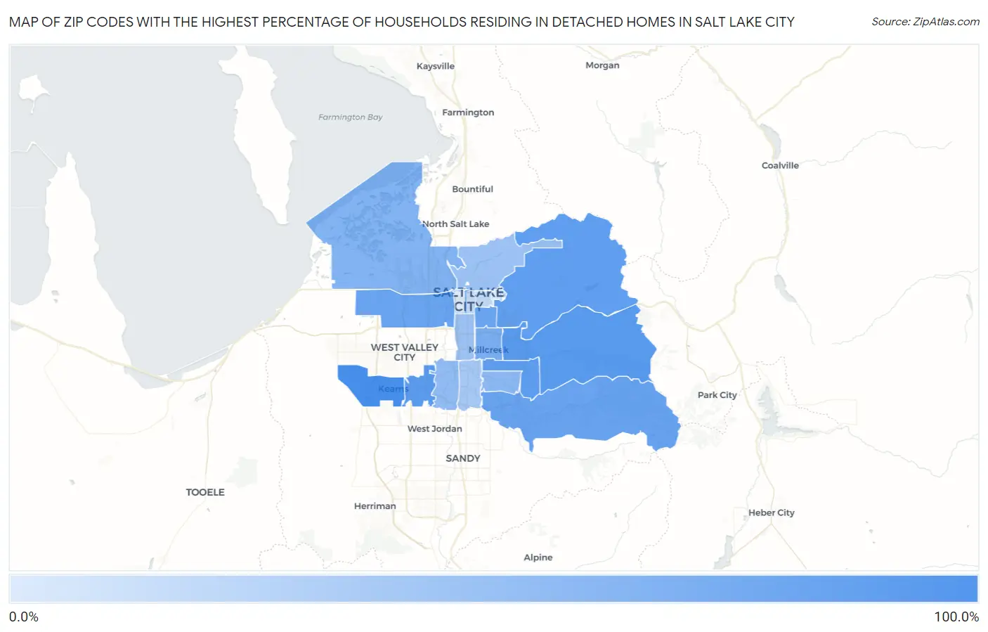 Zip Codes with the Highest Percentage of Households Residing in Detached Homes in Salt Lake City Map