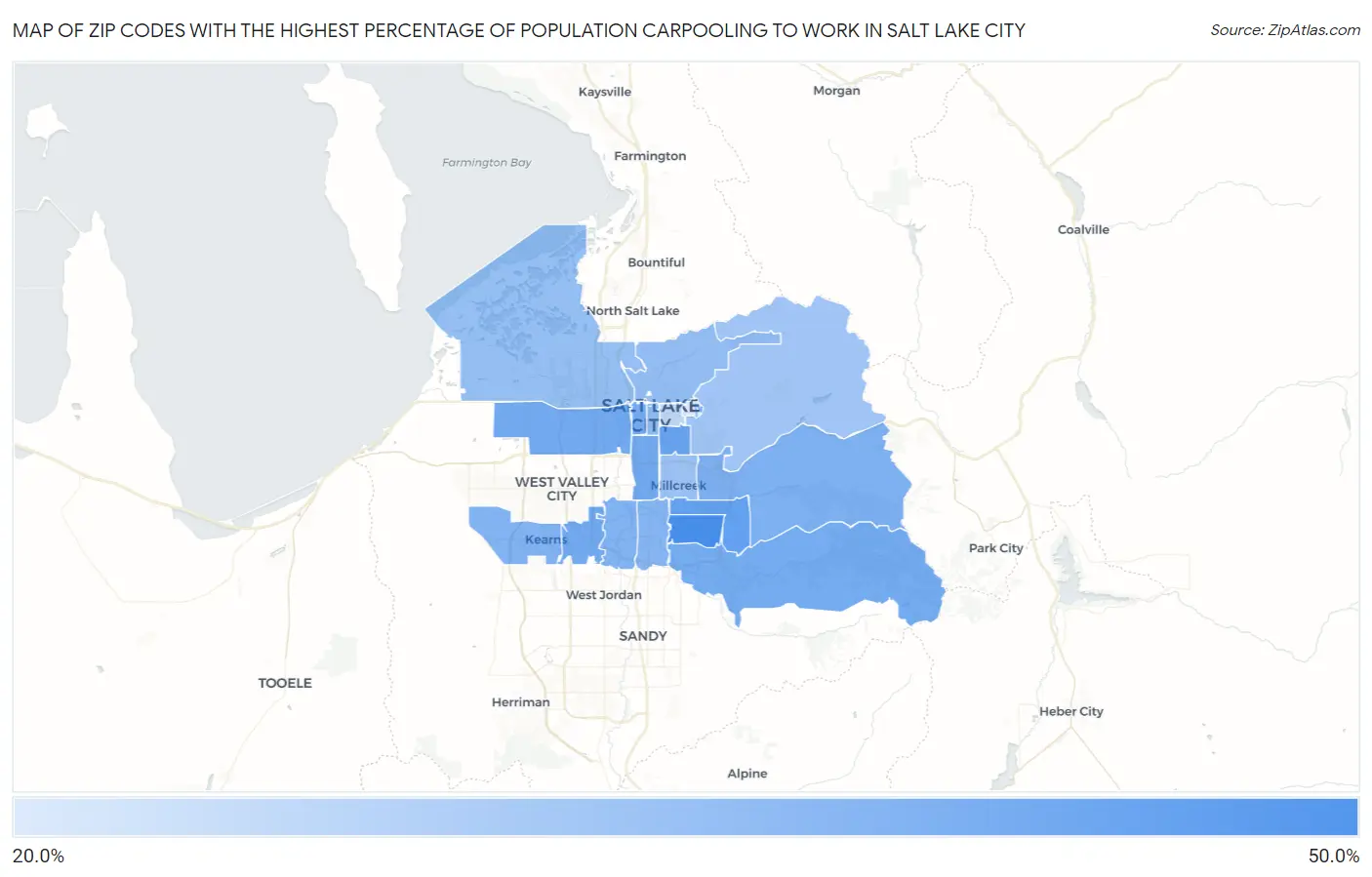 Zip Codes with the Highest Percentage of Population Carpooling to Work in Salt Lake City Map