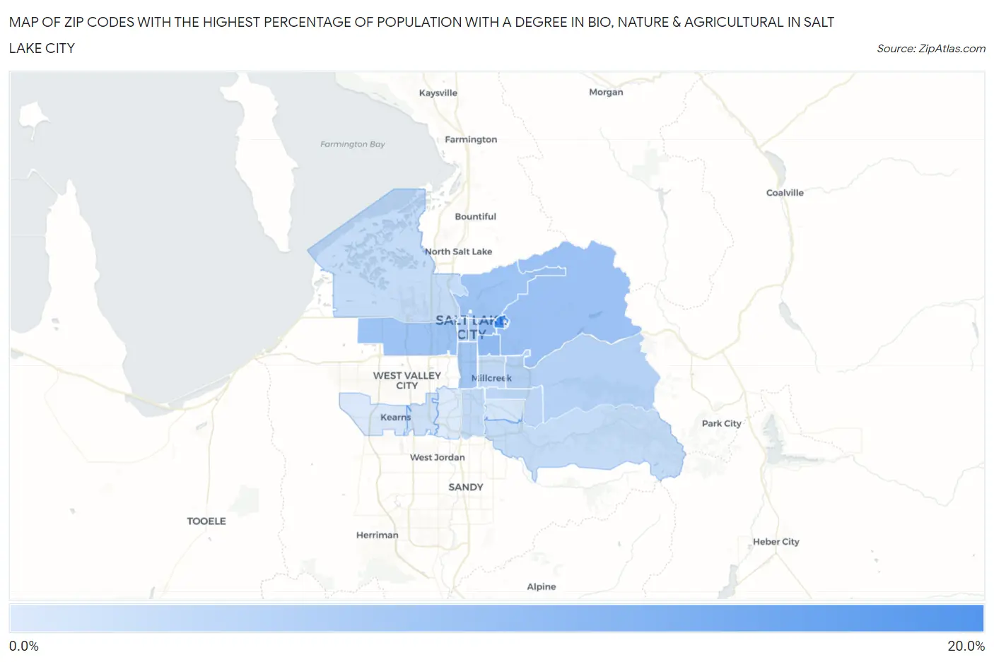 Zip Codes with the Highest Percentage of Population with a Degree in Bio, Nature & Agricultural in Salt Lake City Map