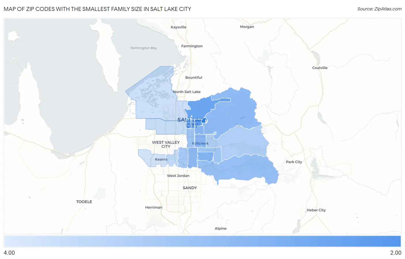 Zip Codes with the Smallest Family Size in Salt Lake City Map