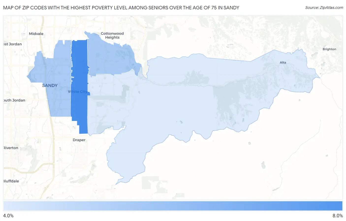 Zip Codes with the Highest Poverty Level Among Seniors Over the Age of 75 in Sandy Map
