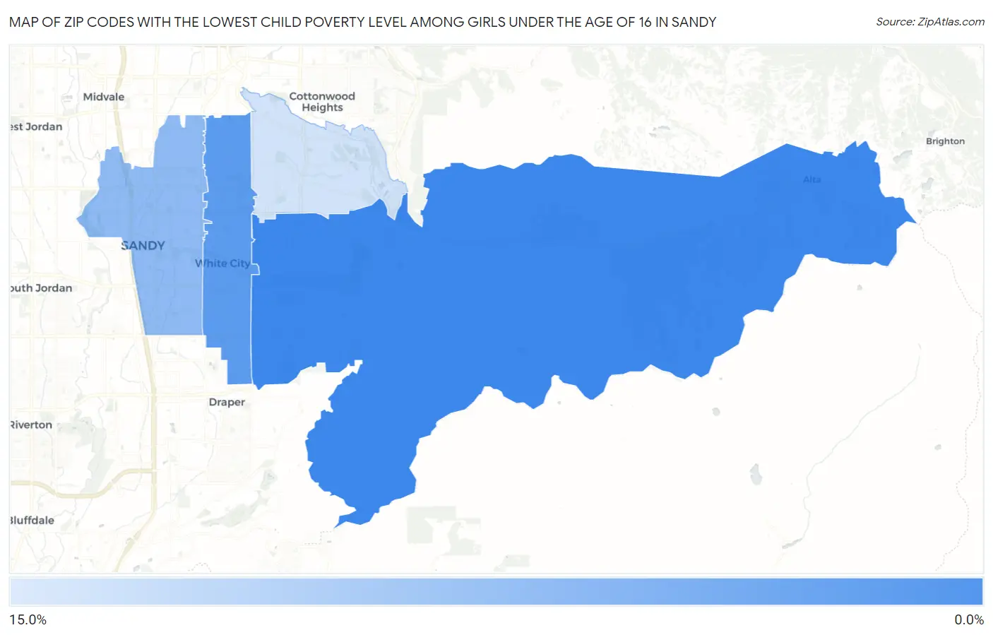 Zip Codes with the Lowest Child Poverty Level Among Girls Under the Age of 16 in Sandy Map