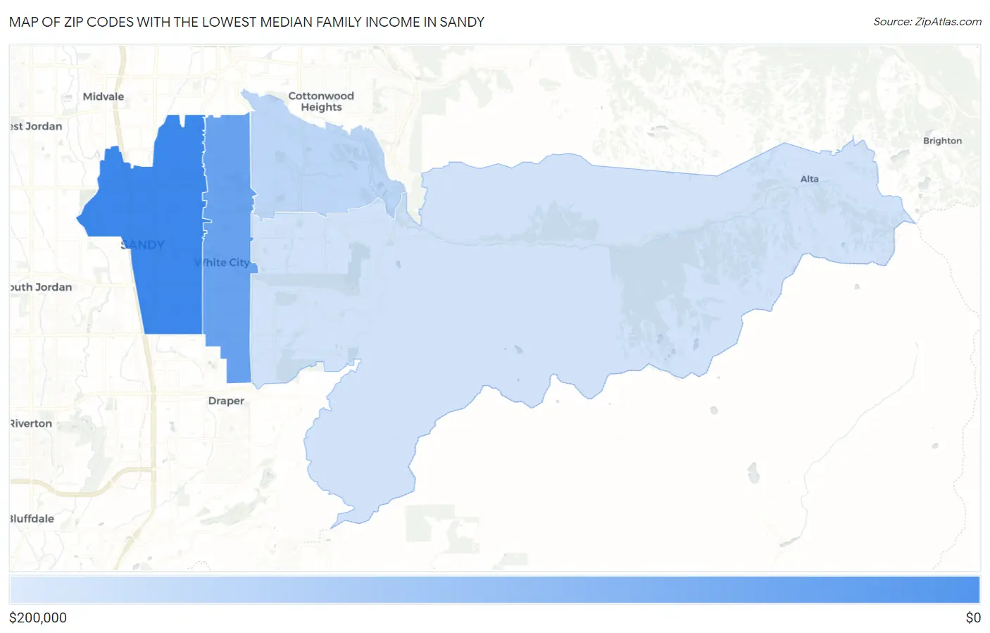 Zip Codes with the Lowest Median Family Income in Sandy Map