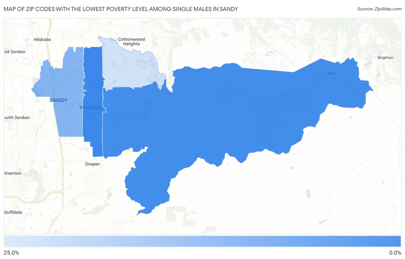 Zip Codes with the Lowest Poverty Level Among Single Males in Sandy Map