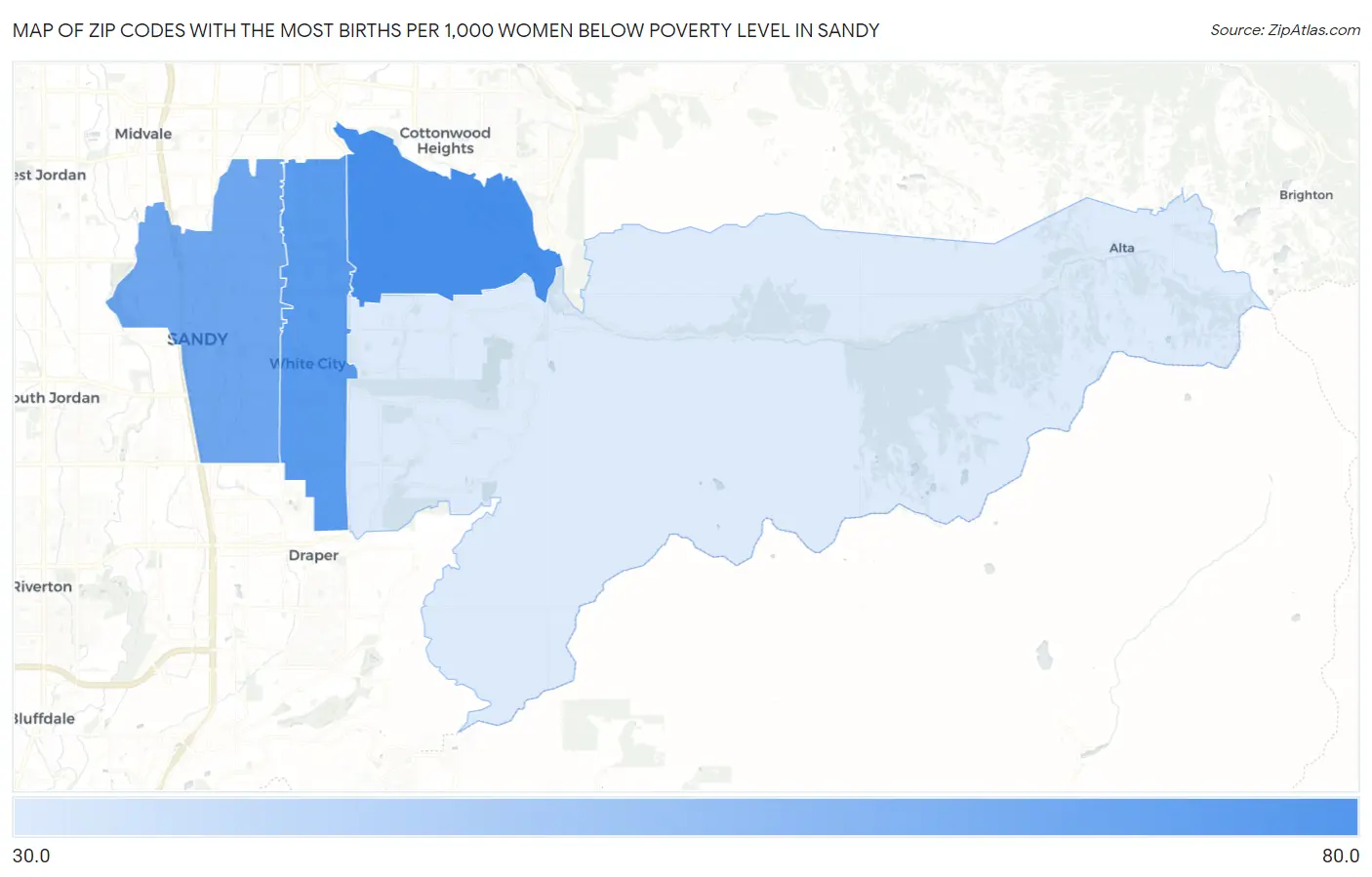 Zip Codes with the Most Births per 1,000 Women Below Poverty Level in Sandy Map