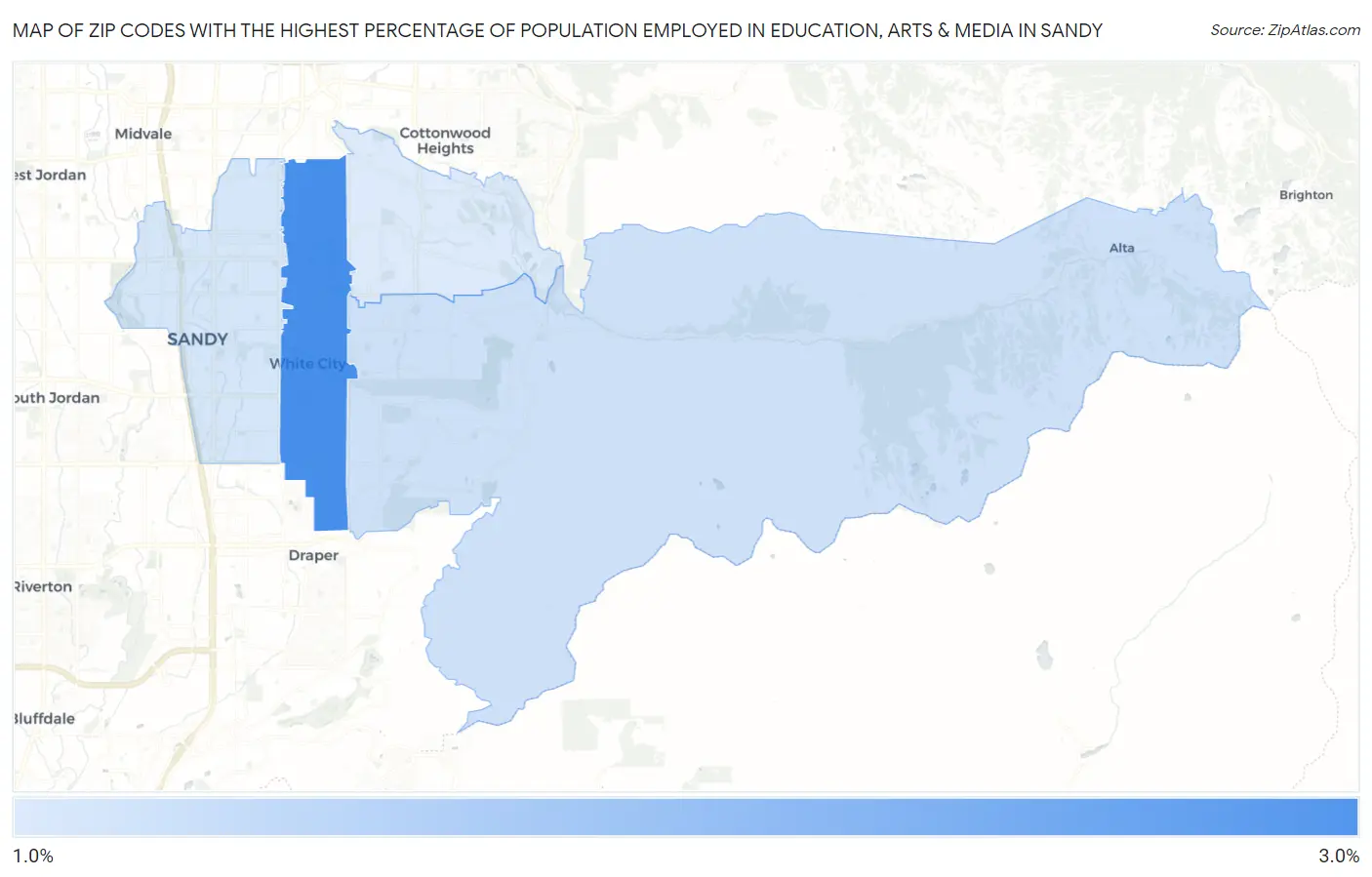Zip Codes with the Highest Percentage of Population Employed in Education, Arts & Media in Sandy Map