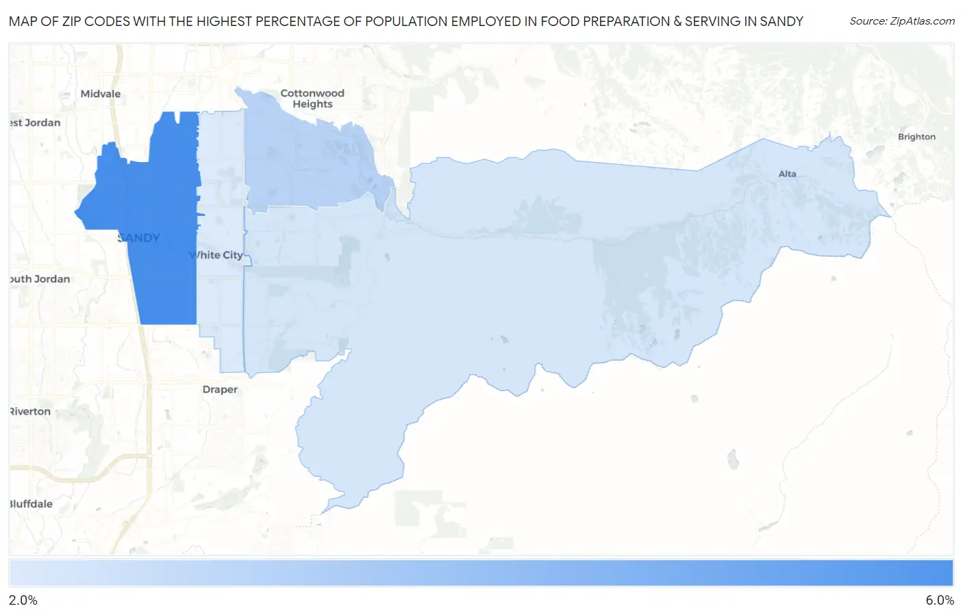 Zip Codes with the Highest Percentage of Population Employed in Food Preparation & Serving in Sandy Map