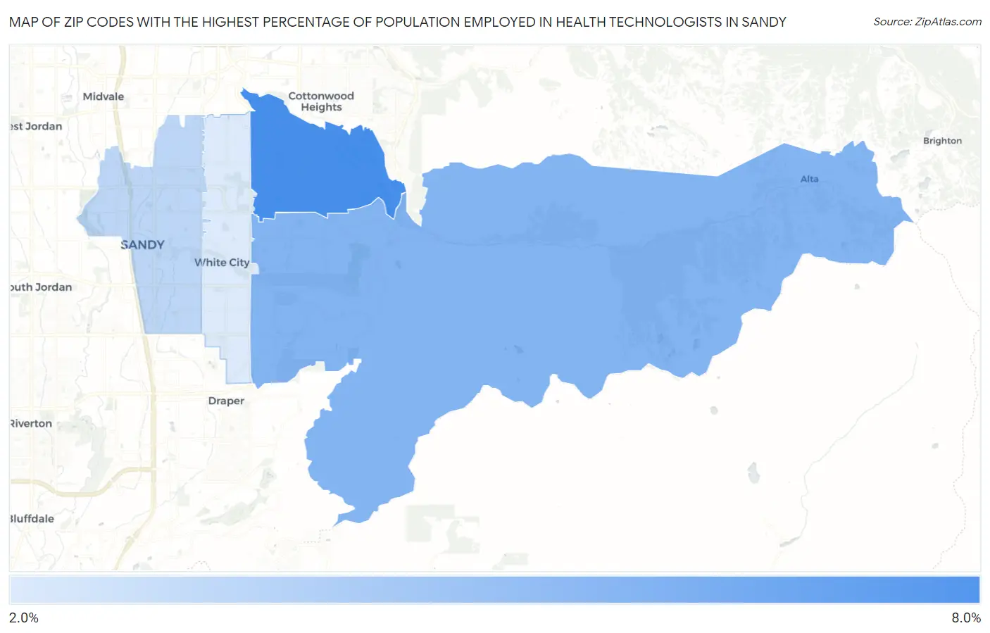 Zip Codes with the Highest Percentage of Population Employed in Health Technologists in Sandy Map