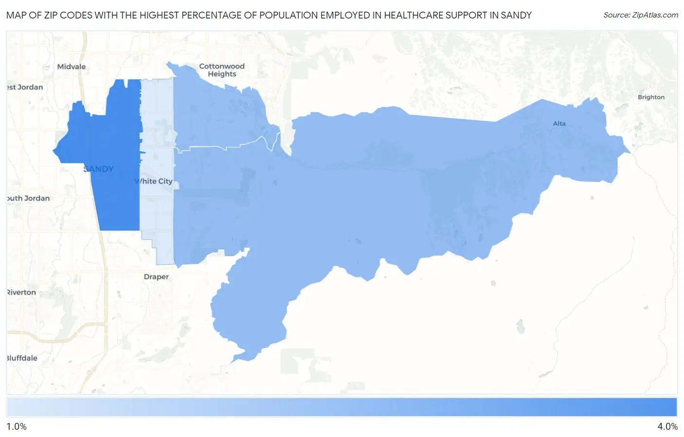Zip Codes with the Highest Percentage of Population Employed in Healthcare Support in Sandy Map