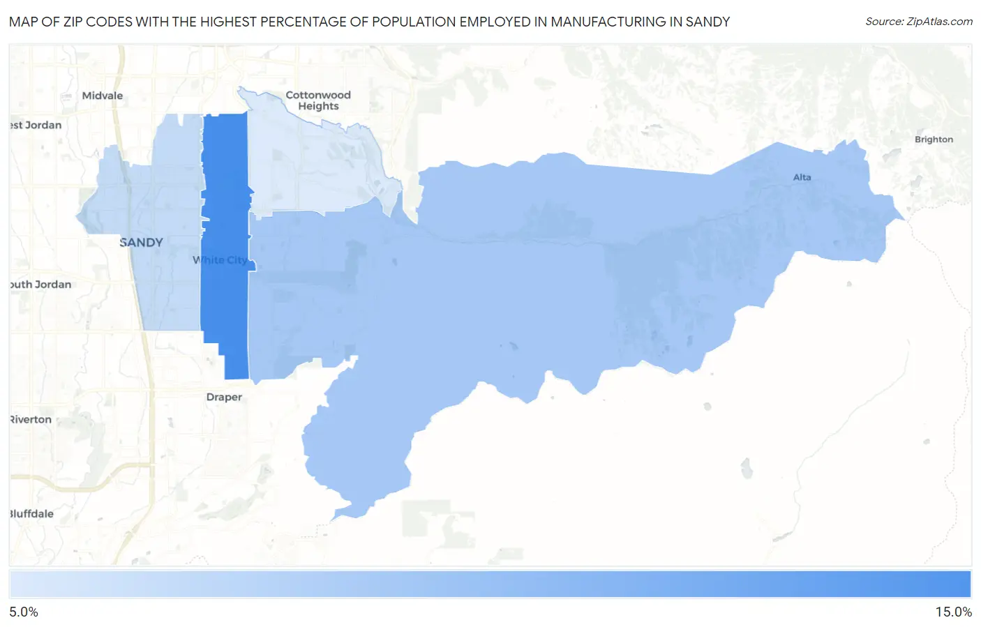 Zip Codes with the Highest Percentage of Population Employed in Manufacturing in Sandy Map