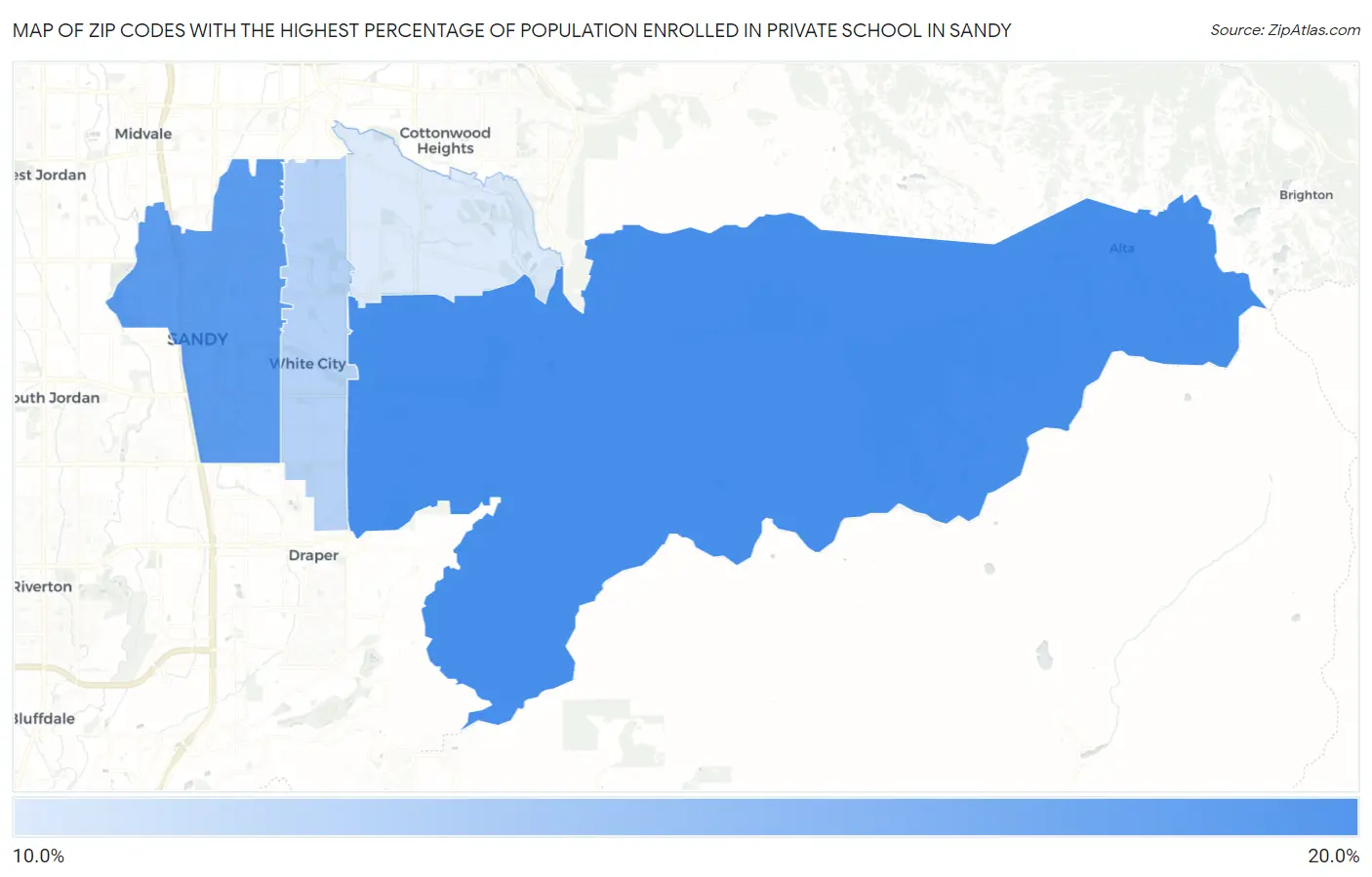 Zip Codes with the Highest Percentage of Population Enrolled in Private School in Sandy Map