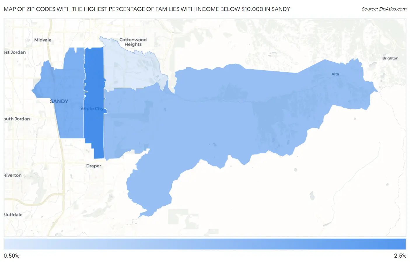 Zip Codes with the Highest Percentage of Families with Income Below $10,000 in Sandy Map
