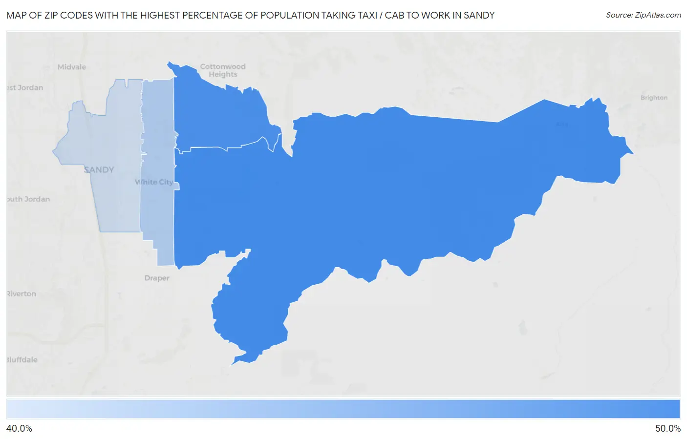 Zip Codes with the Highest Percentage of Population Taking Taxi / Cab to Work in Sandy Map