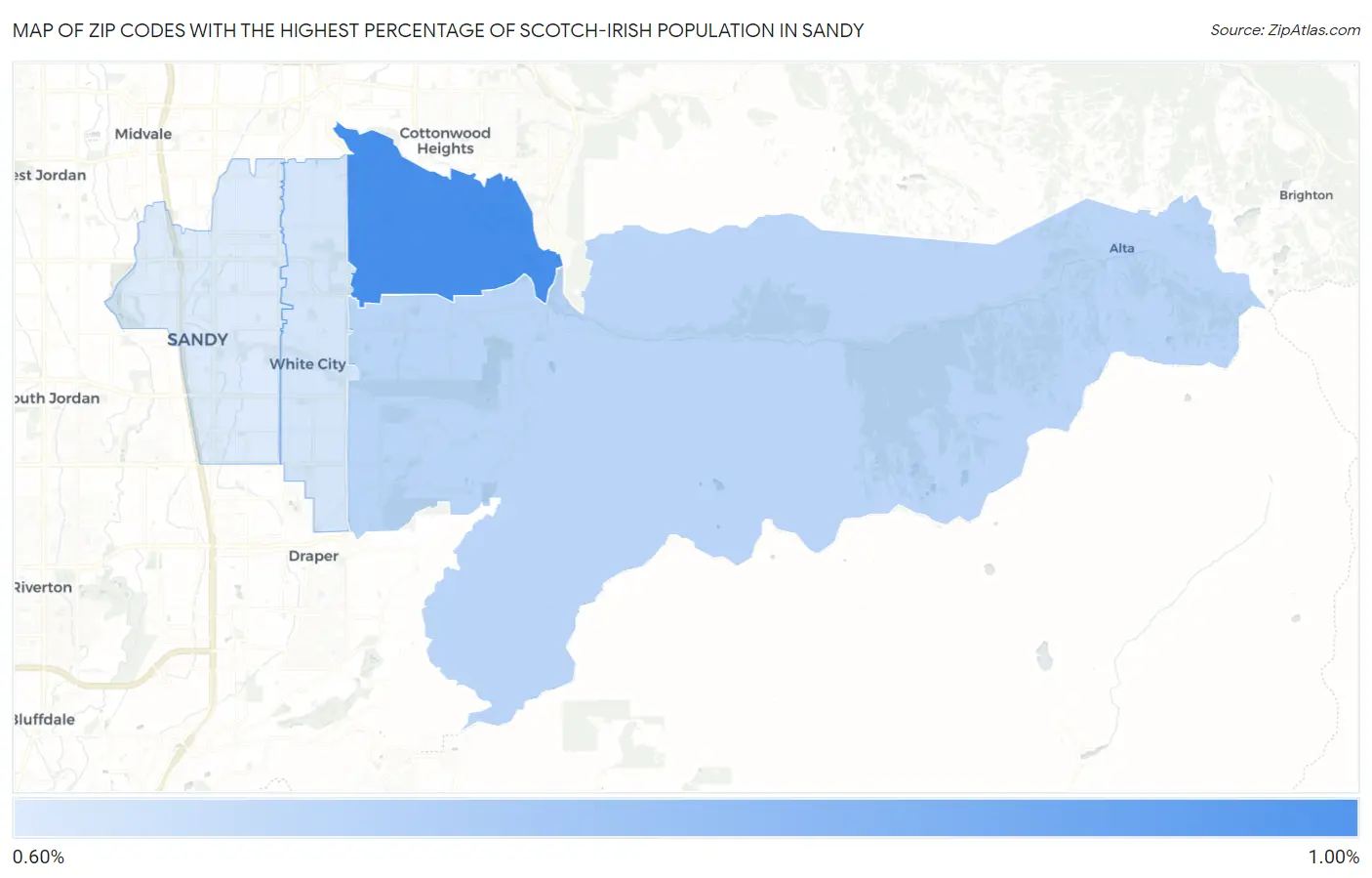 Zip Codes with the Highest Percentage of Scotch-Irish Population in Sandy Map