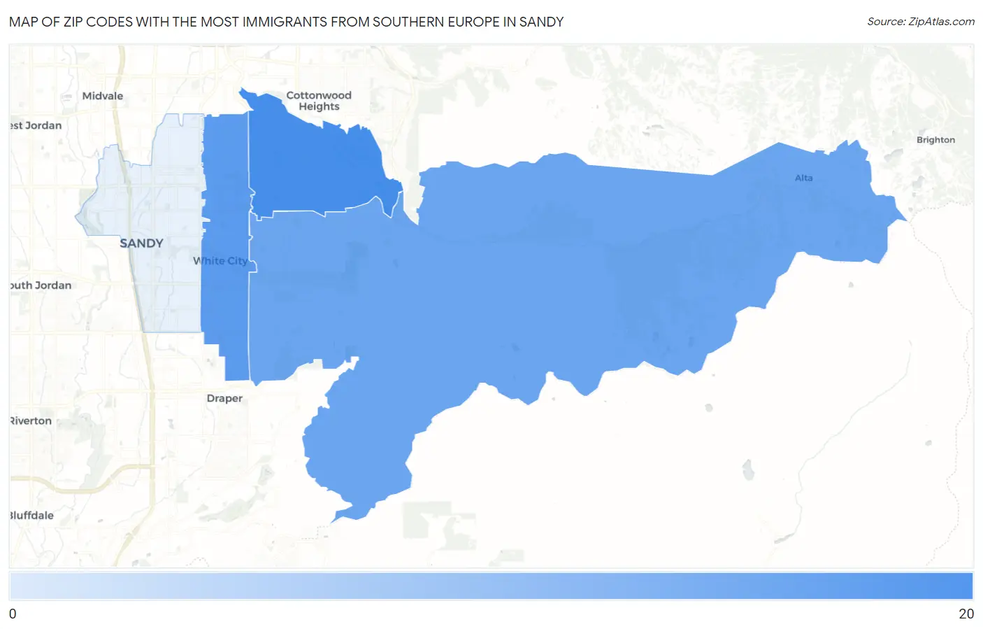 Zip Codes with the Most Immigrants from Southern Europe in Sandy Map