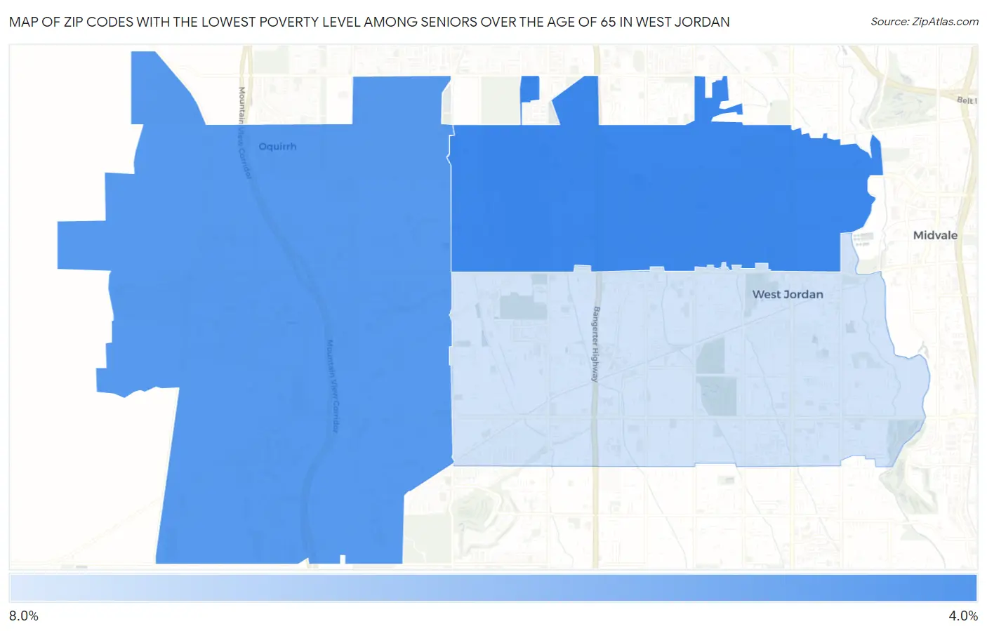 Zip Codes with the Lowest Poverty Level Among Seniors Over the Age of 65 in West Jordan Map