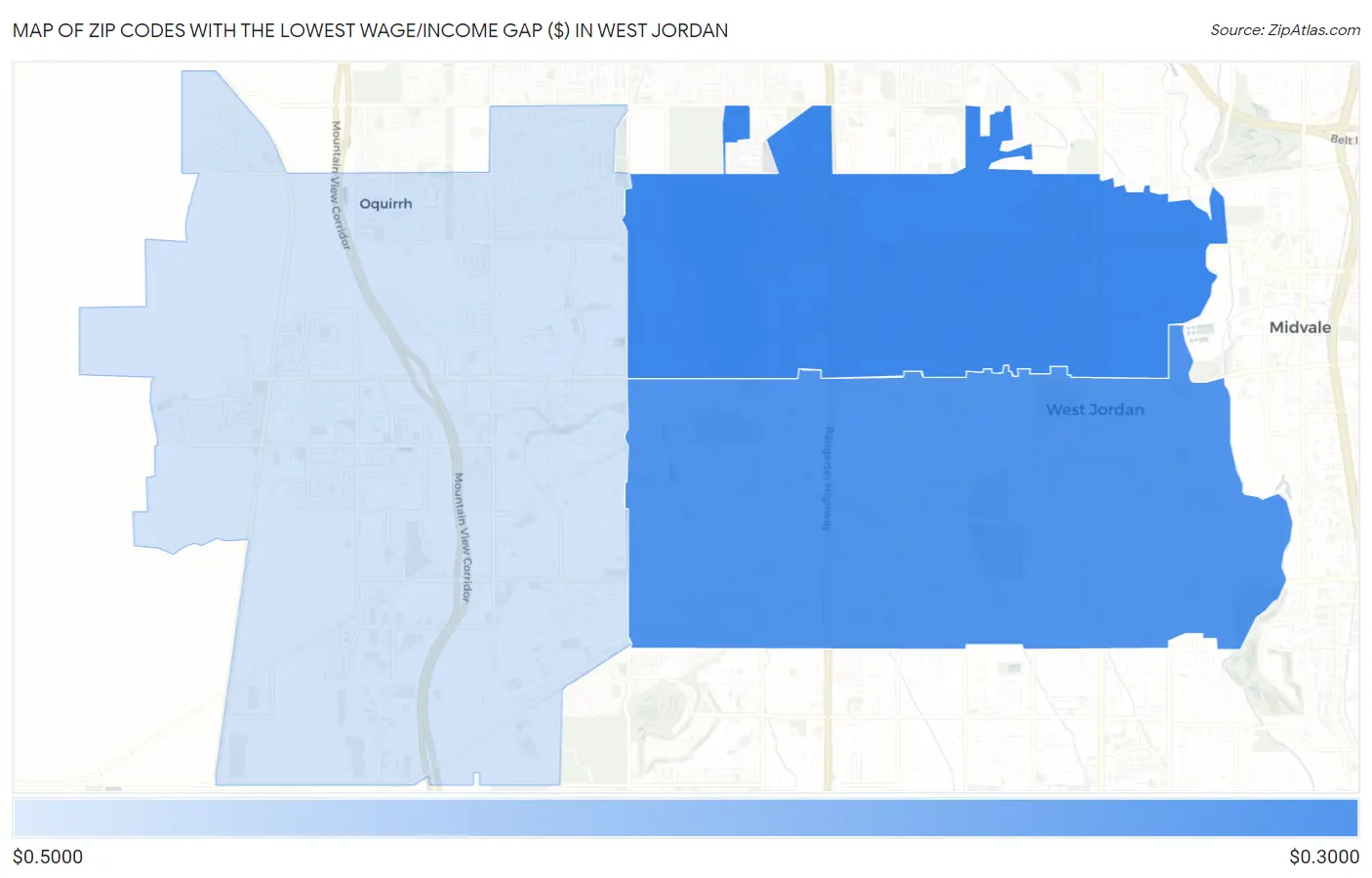 Zip Codes with the Lowest Wage/Income Gap ($) in West Jordan Map