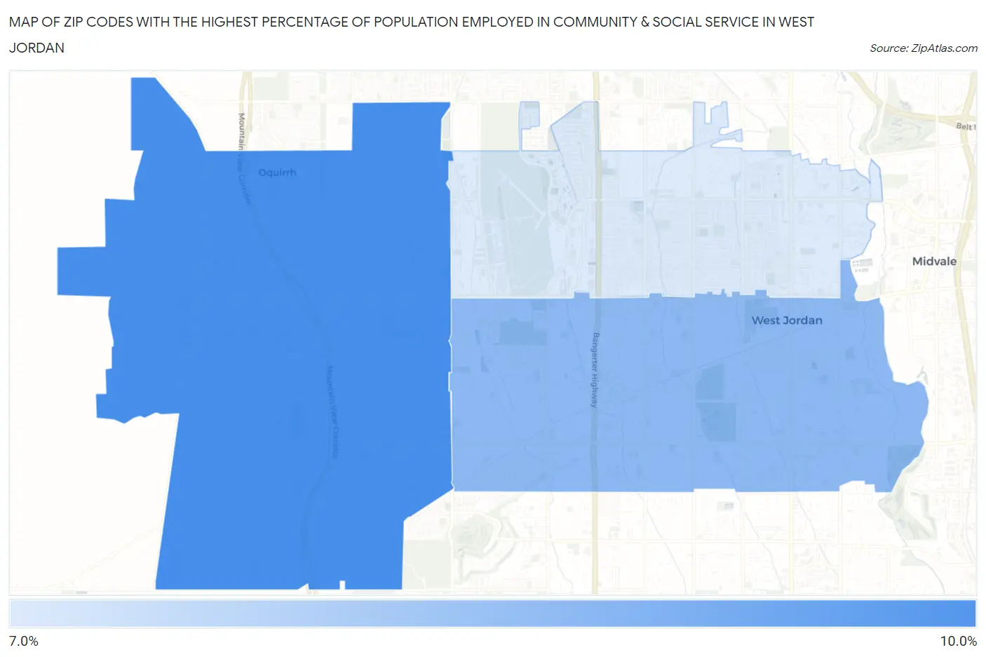 Zip Codes with the Highest Percentage of Population Employed in Community & Social Service  in West Jordan Map