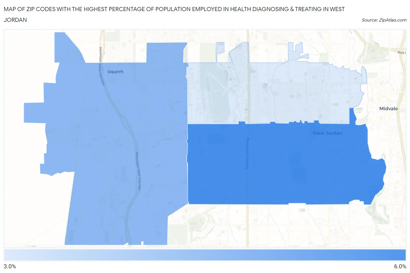 Zip Codes with the Highest Percentage of Population Employed in Health Diagnosing & Treating in West Jordan Map
