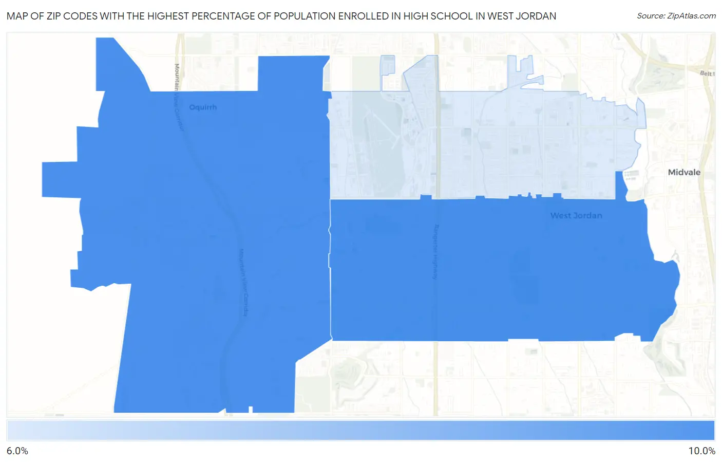 Zip Codes with the Highest Percentage of Population Enrolled in High School in West Jordan Map