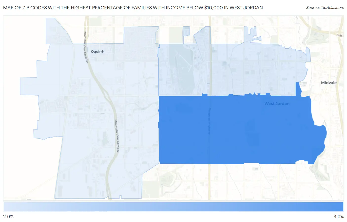 Zip Codes with the Highest Percentage of Families with Income Below $10,000 in West Jordan Map