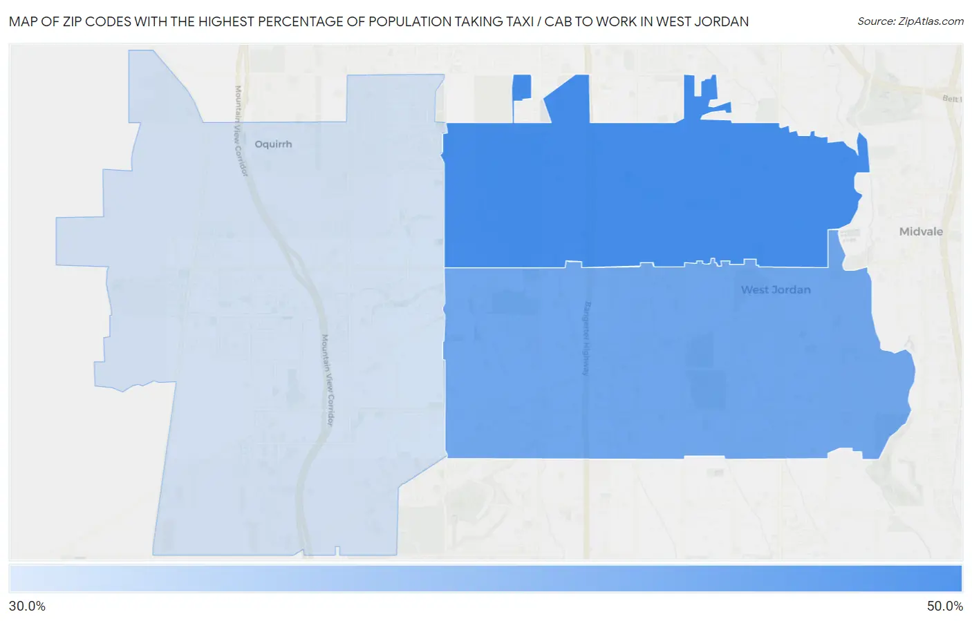Zip Codes with the Highest Percentage of Population Taking Taxi / Cab to Work in West Jordan Map